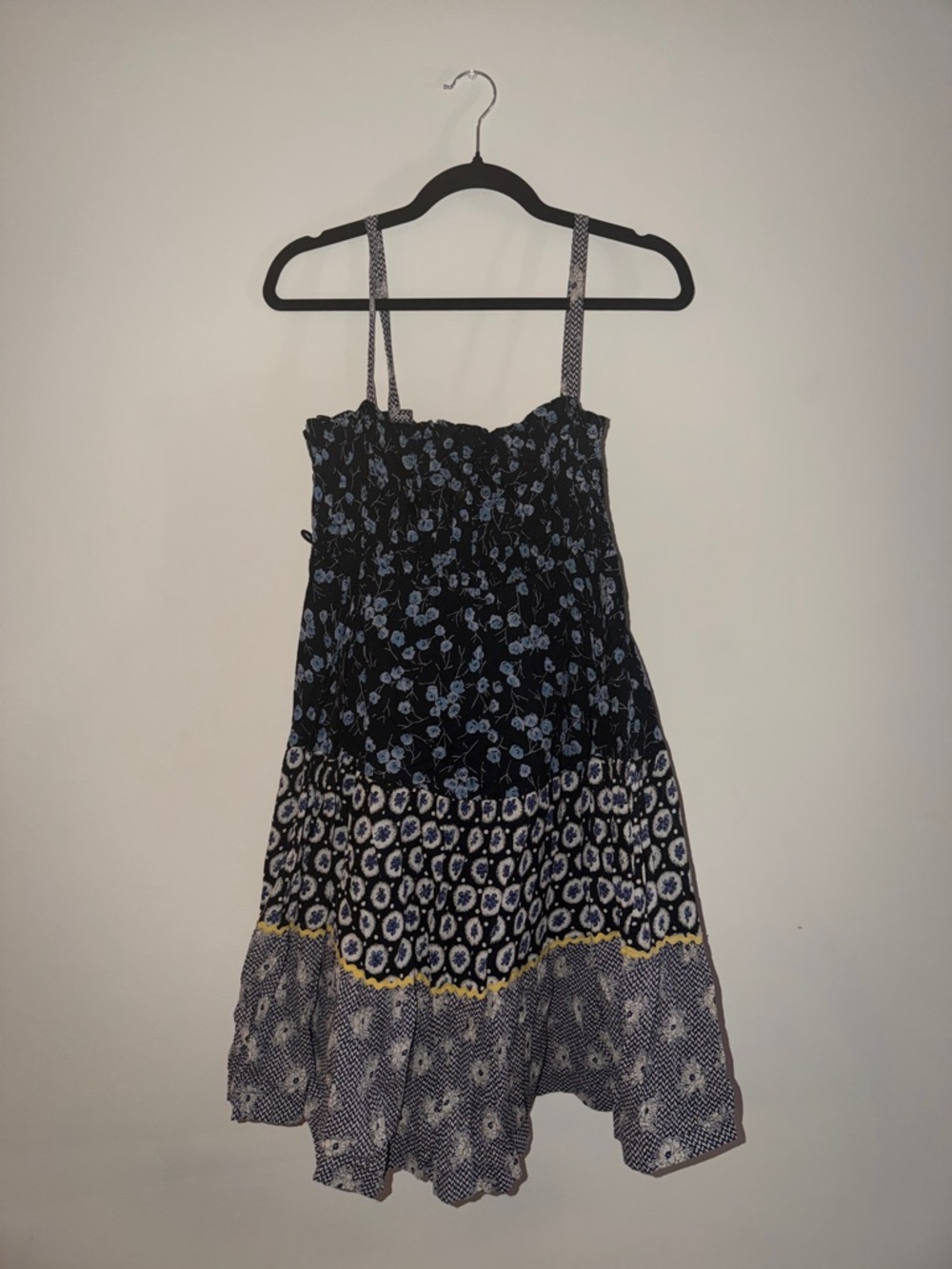 Free People Black and Blue Floral Tiered Mini Dress with Yellow Accents